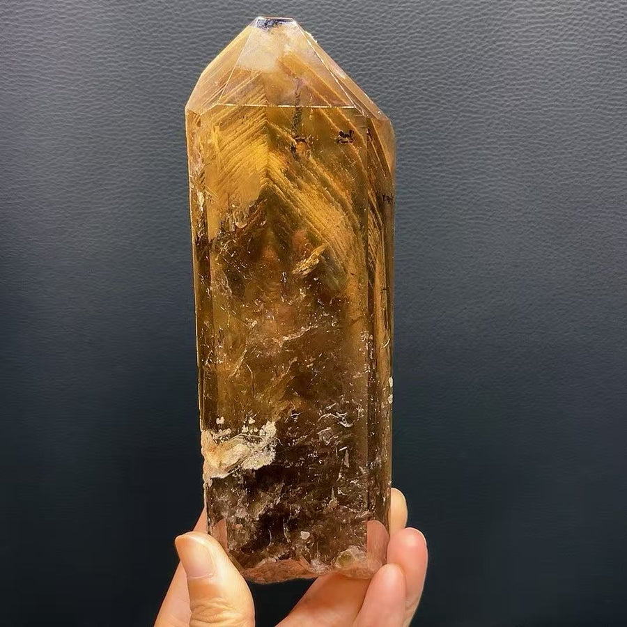 5A 400G  Warm Smoky Quartz Hidden Landscape Crystal Column Decor