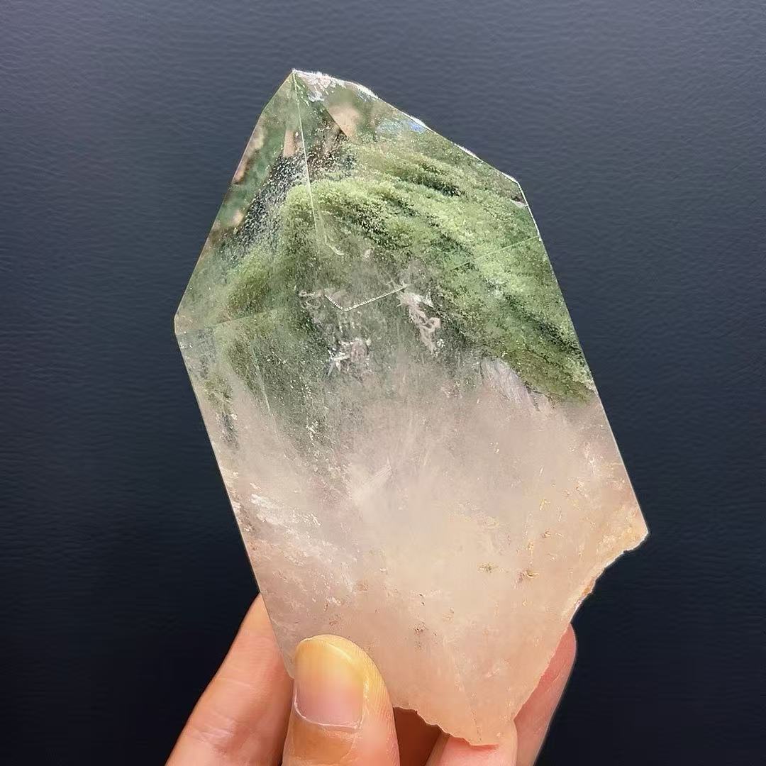 5A500G  Unique Subtle Hidden Mountain Green Quartz Wand Accented with Red Phantom