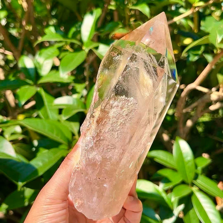 5A 1090G   Polished Hexagonal Natural White Phantom Crystal Point Decor