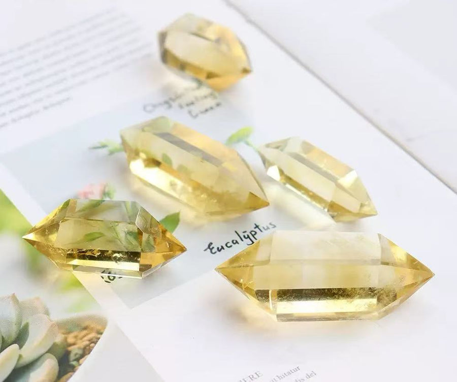 5A Yellow citrine crystal double-pointed tower hexagonal crystal column raw stone polished Hexagonal column business gift crystal. Yellow crystal.