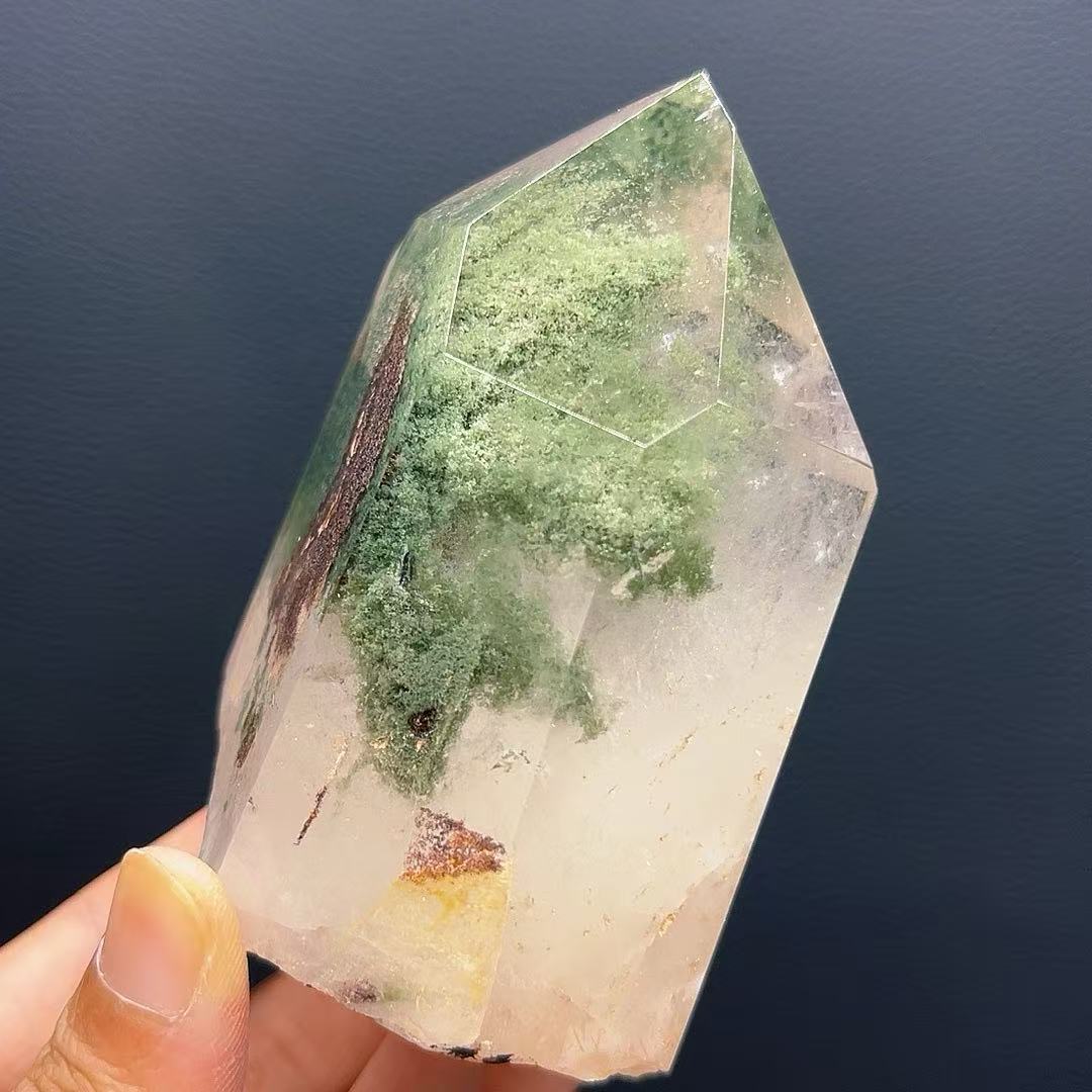 5A500G  Unique Subtle Hidden Mountain Green Quartz Wand Accented with Red Phantom