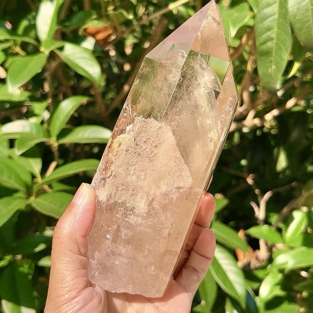 5A 1090G   Polished Hexagonal Natural White Phantom Crystal Point Decor