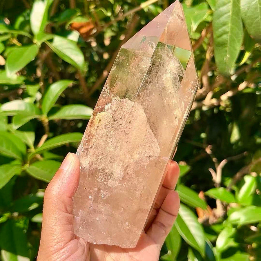 5A 1090G   Polished Hexagonal Natural White Phantom Crystal Point Decor