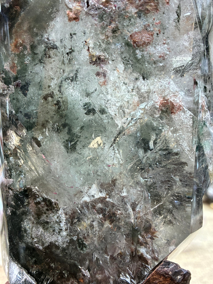 5A1790G Natural brazil  Green garden Phantom( Quartz in quartz) freeform with custom wooden holder