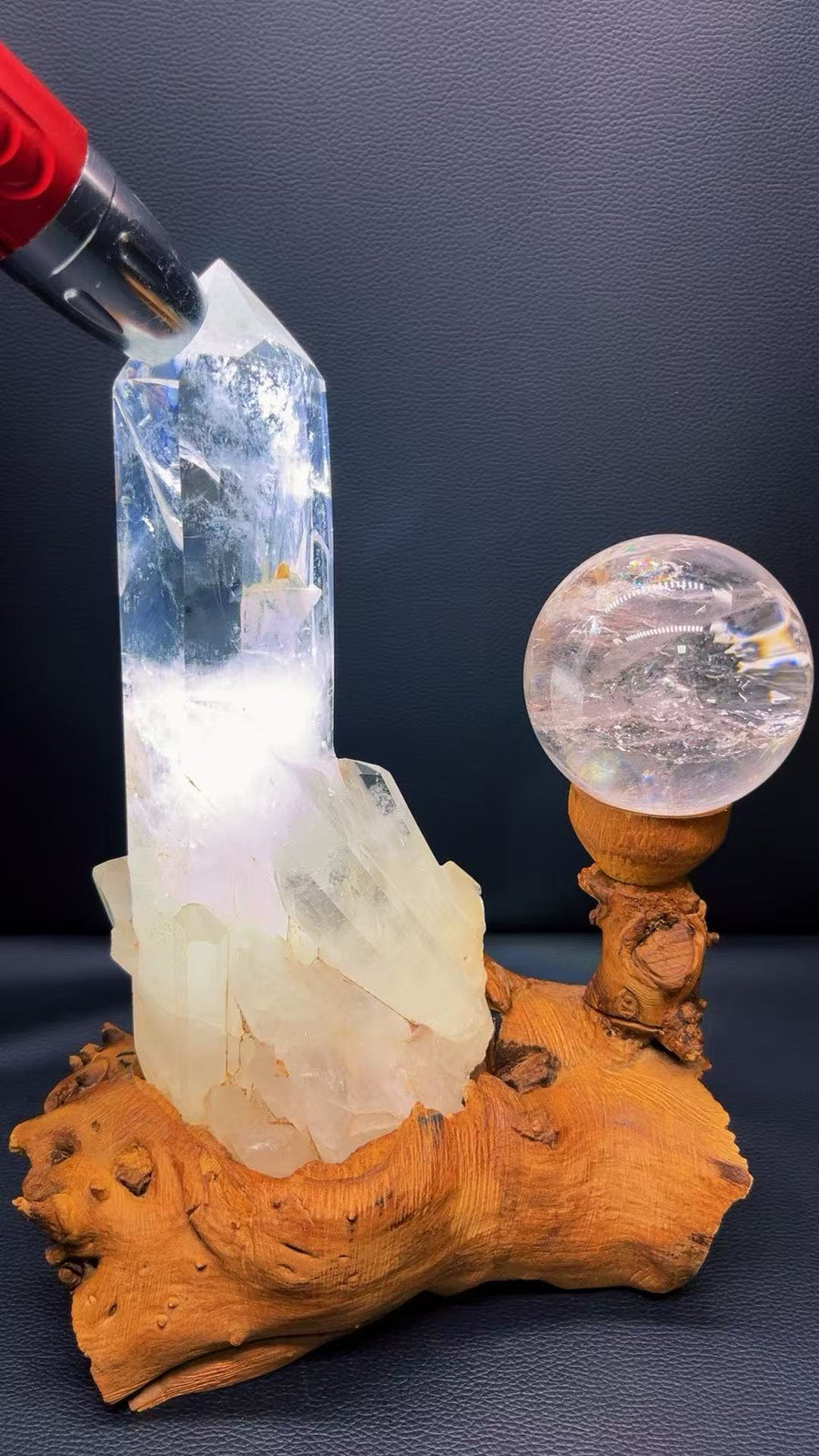 5A  2220G    Blue Needle Column & Azeztulite Sphere Crystal Ornament