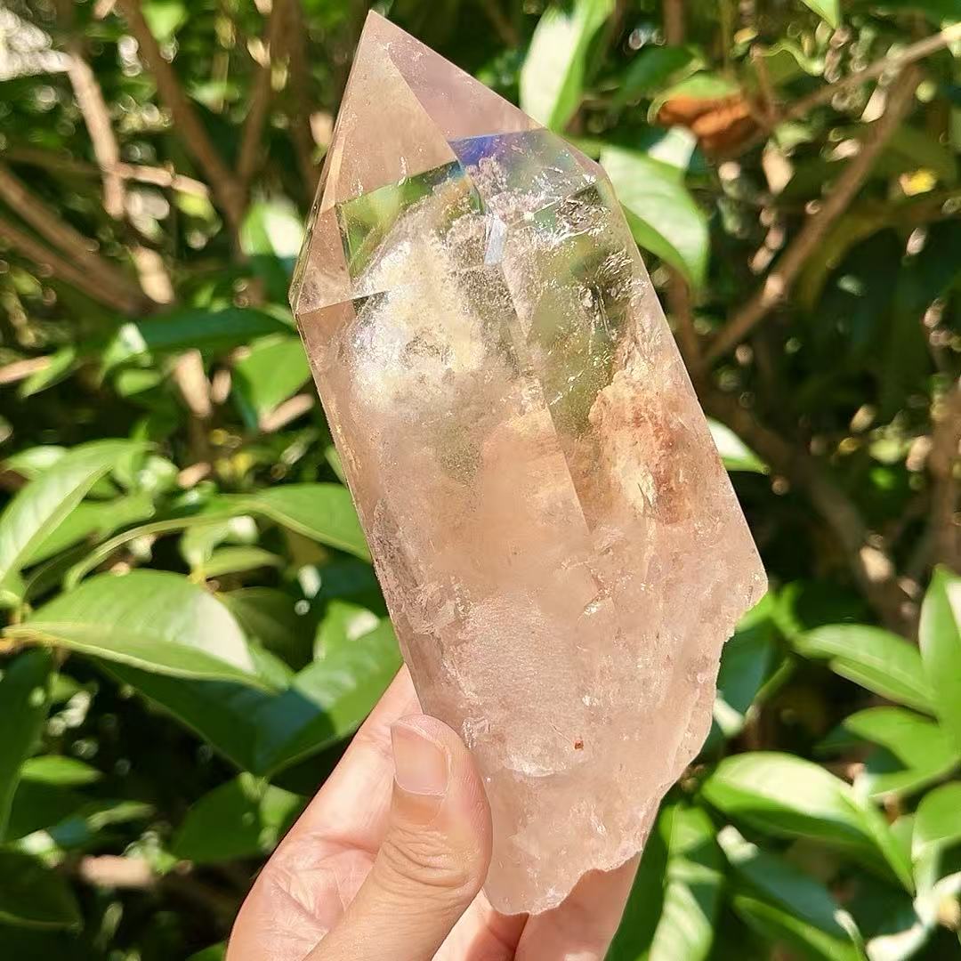5A 1090G   Polished Hexagonal Natural White Phantom Crystal Point Decor