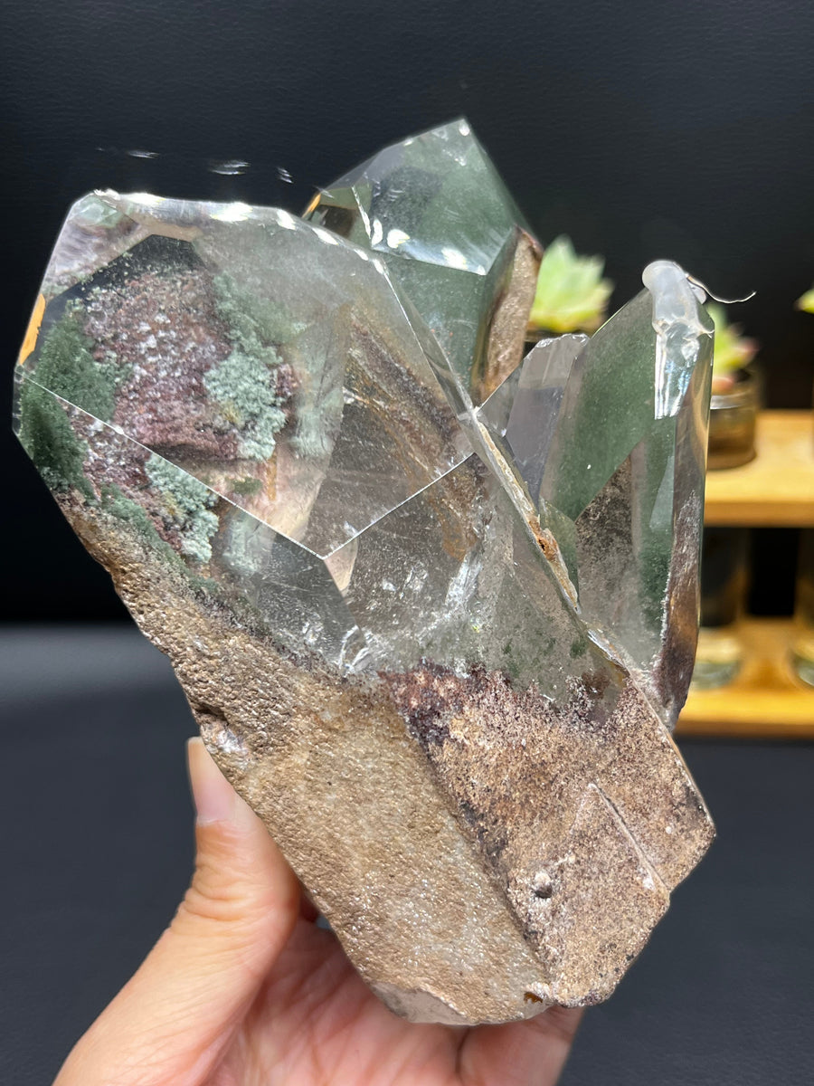 5A 1400G Natural Green Phantom GARDEN Quartz Cluster (WITH CUSTOM VARVING BASE)
