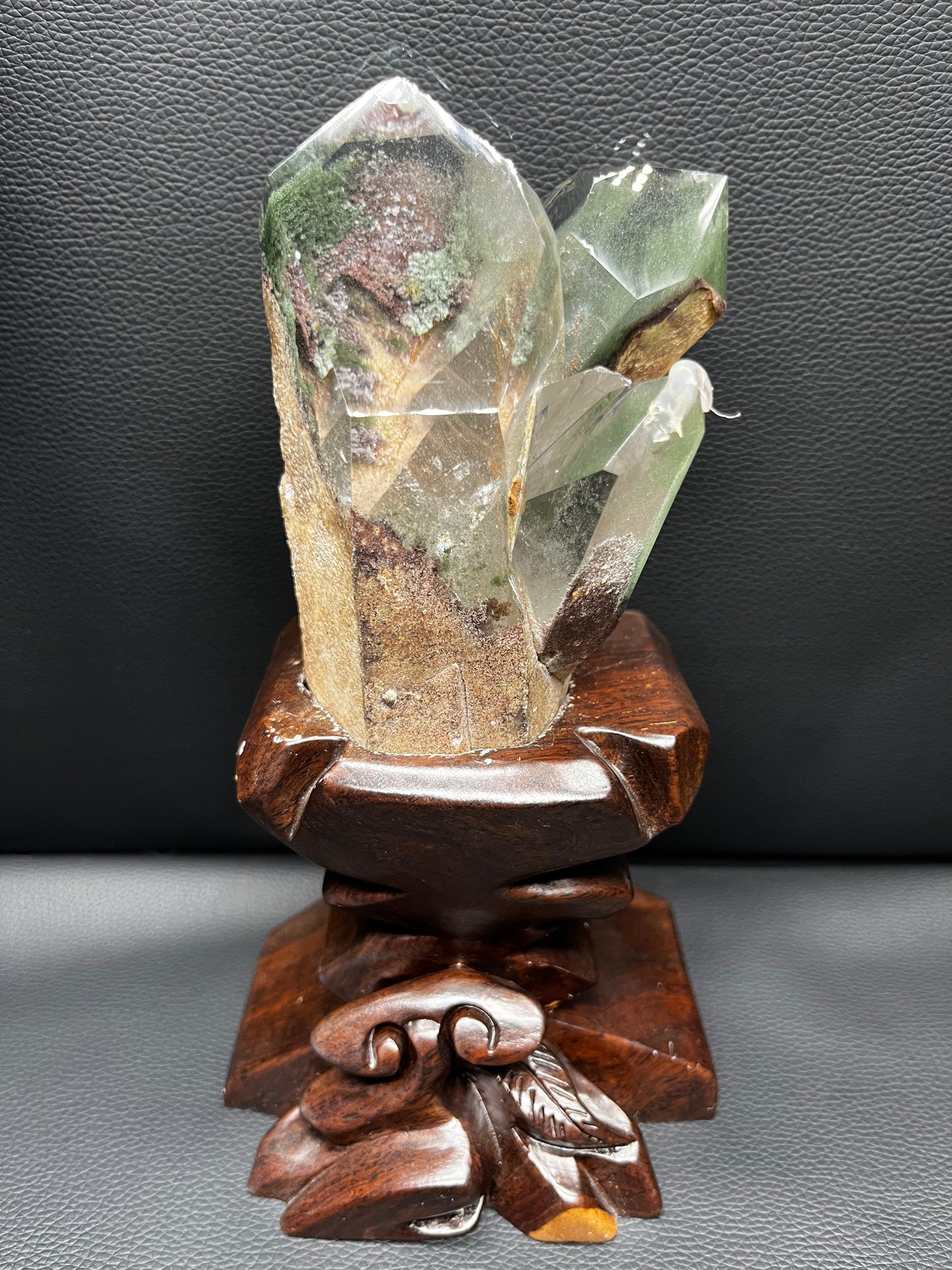 5A 1400G Natural Green Phantom GARDEN Quartz Cluster (WITH CUSTOM VARVING BASE)