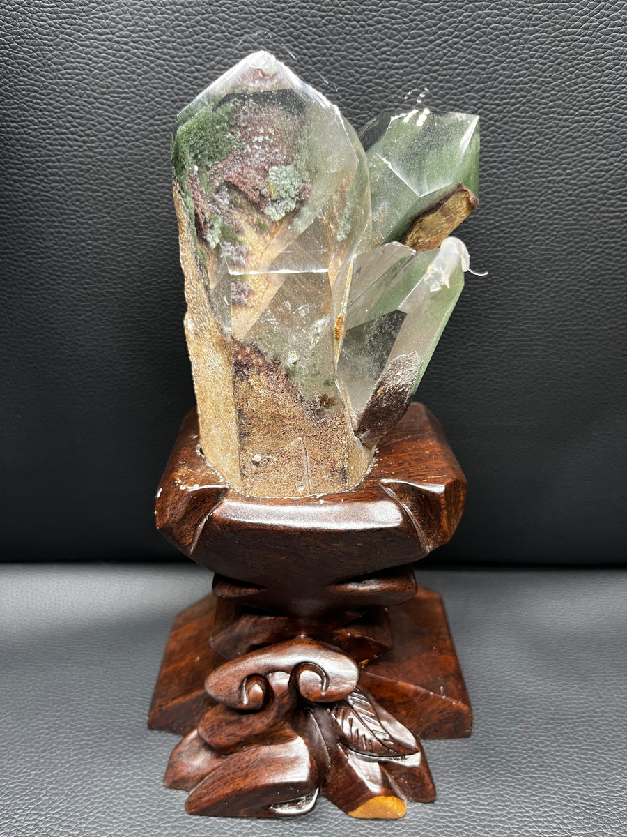 5A 1400G Natural Green Phantom GARDEN Quartz Cluster (WITH CUSTOM VARVING BASE)
