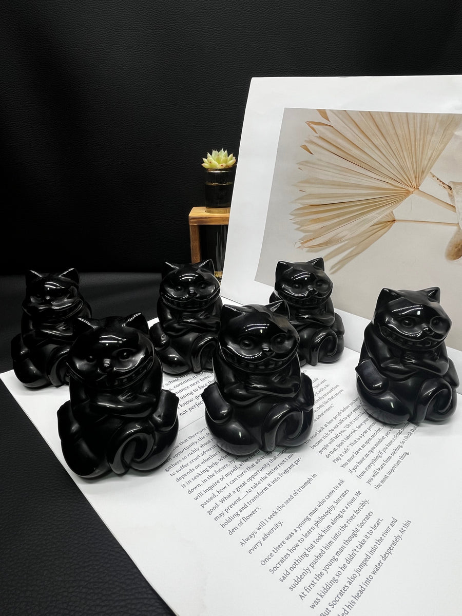 5A200G  Polished Natural Black Obsidian alice movie cat kitty carving / god jesus carving