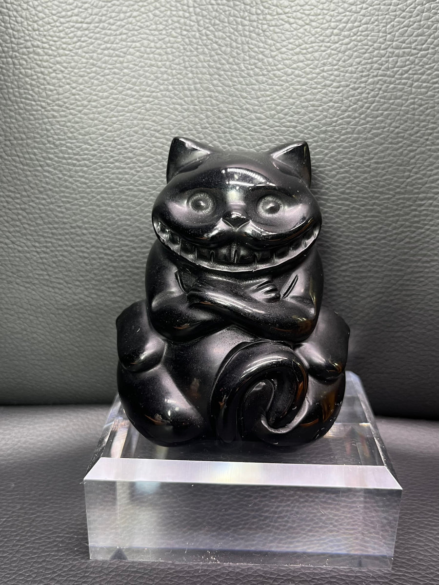 5A200G  Polished Natural Black Obsidian alice movie cat kitty carving / god jesus carving