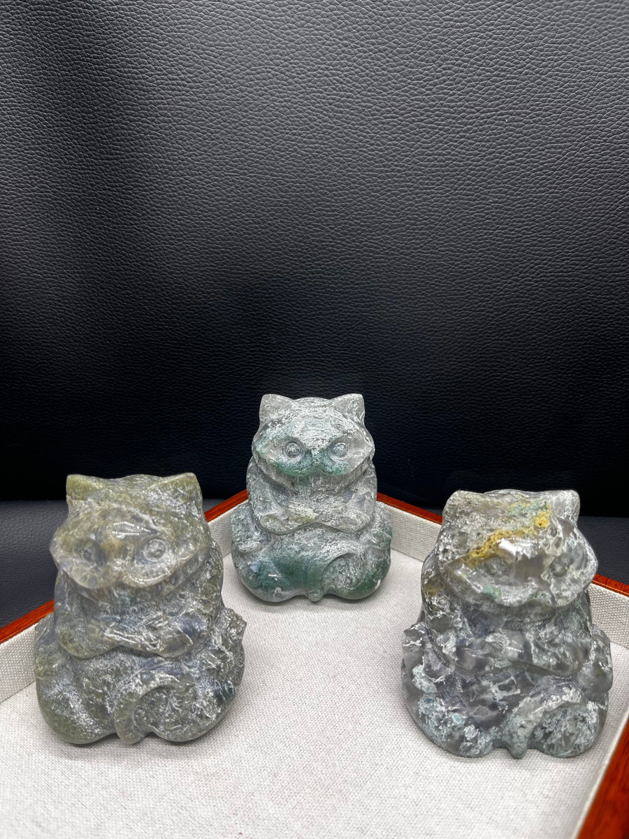 5A320G   Premium Moss Agate Cat Carving