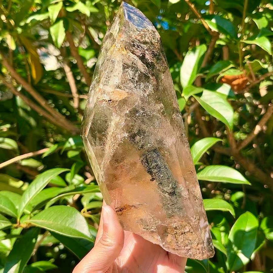 5A 1420G   Natural Freeform Layered Green Phantom Crystal Point Decor