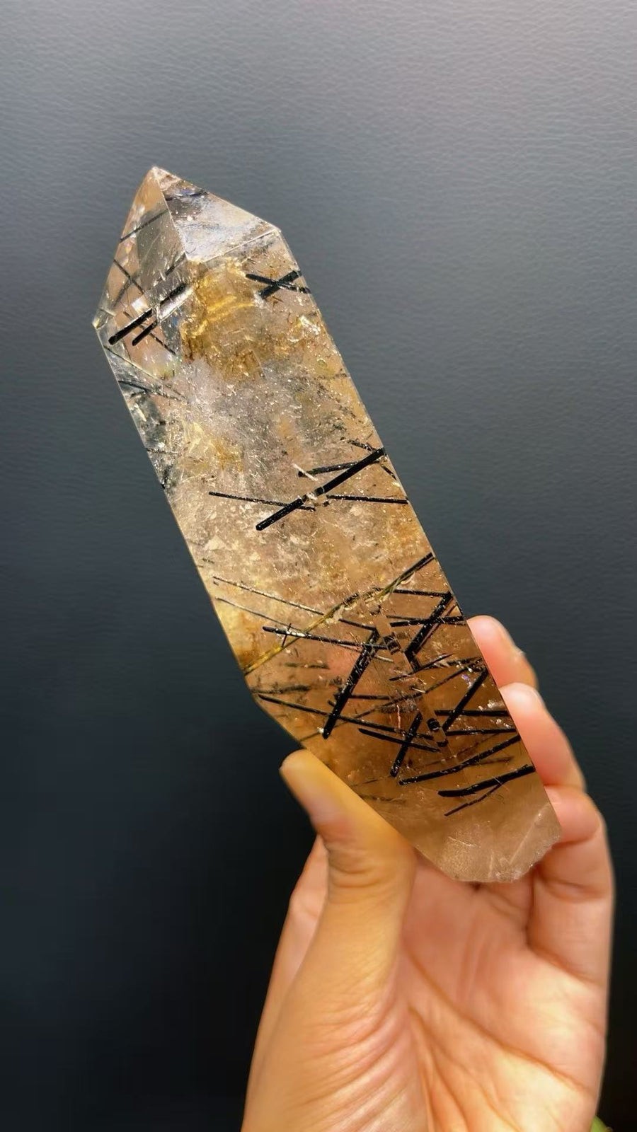 5A 470G   Natural  Black Tourmaline smoky Quartz Tower Ornament