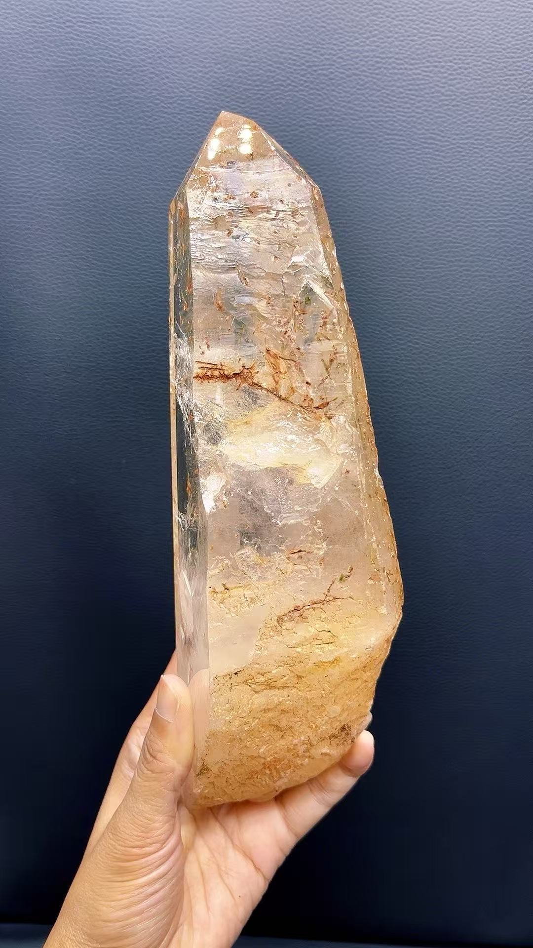 5A 1820G   Unique Pattern Green Tourmaline Red Bloom Quartz Wand Ornament