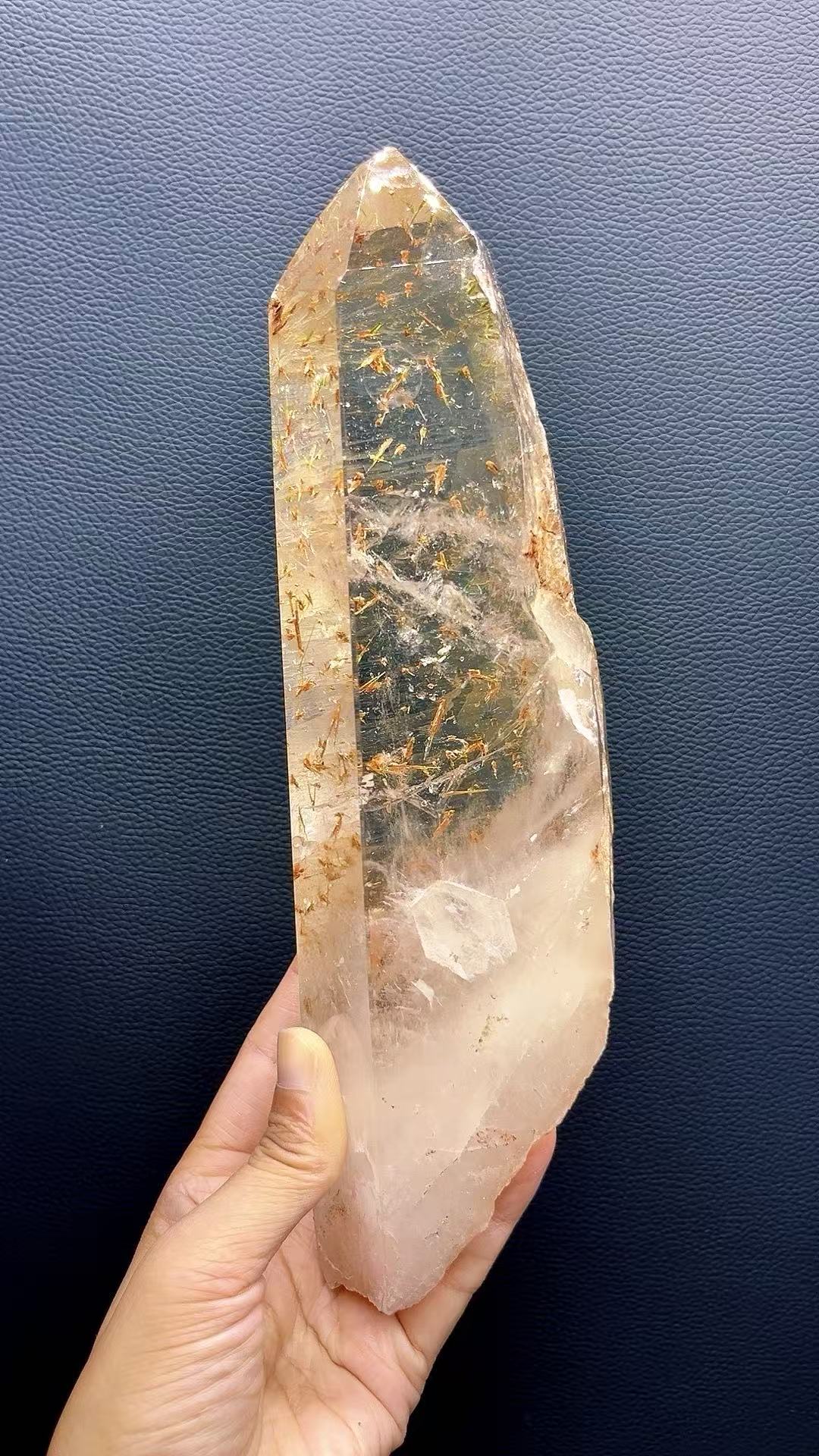 5A 1820G   Unique Pattern Green Tourmaline Red Bloom Quartz Wand Ornament