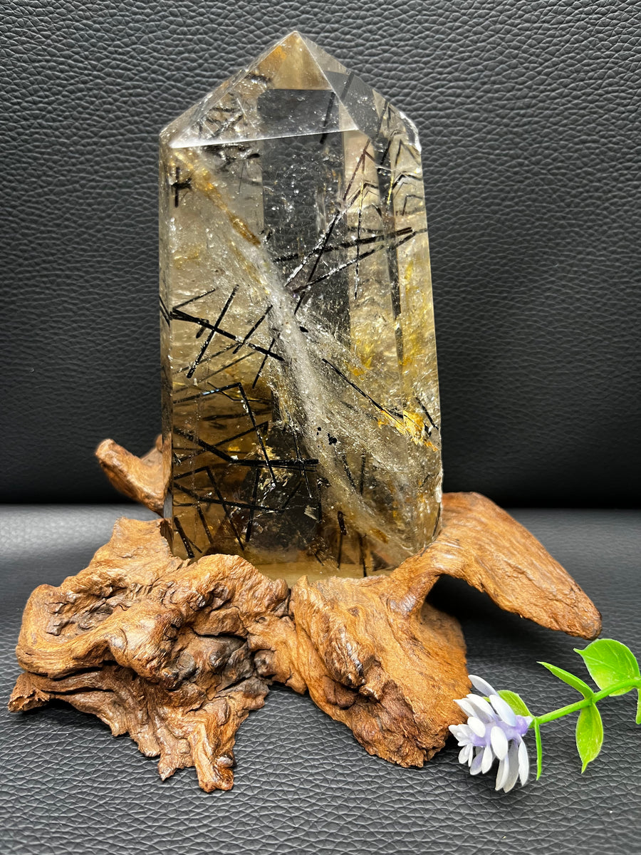 5A 470G   Natural  Black Tourmaline smoky Quartz Tower Ornament