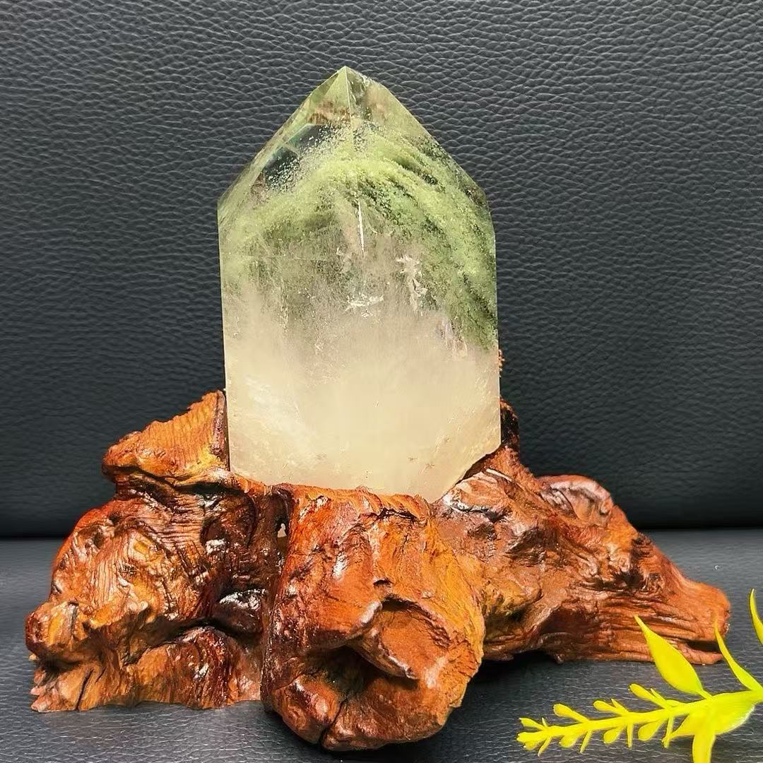 5A500G  Unique Subtle Hidden Mountain Green Quartz Wand Accented with Red Phantom