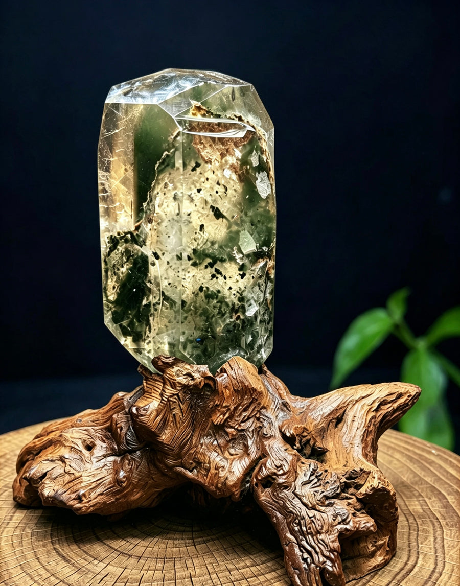 5A1790G Natural brazil  Green garden Phantom( Quartz in quartz) freeform with custom wooden holder