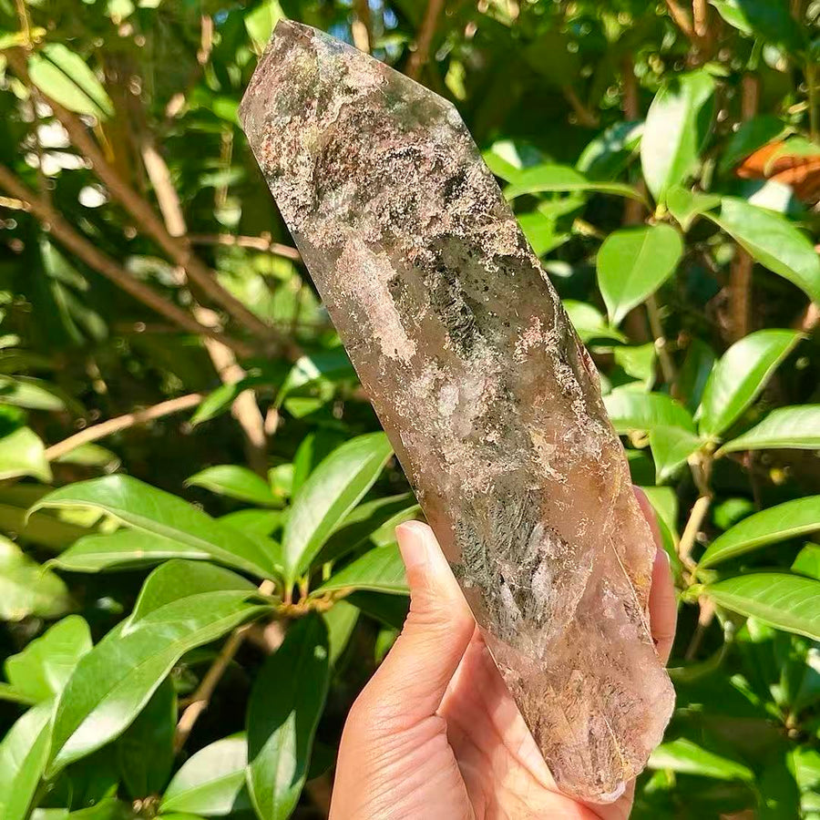 5A 1420G   Natural Freeform Layered Green Phantom Crystal Point Decor