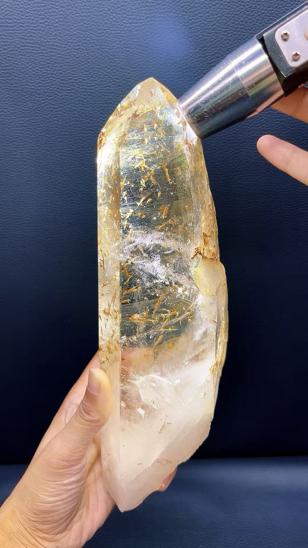 5A 1820G   Unique Pattern Green Tourmaline Red Bloom Quartz Wand Ornament