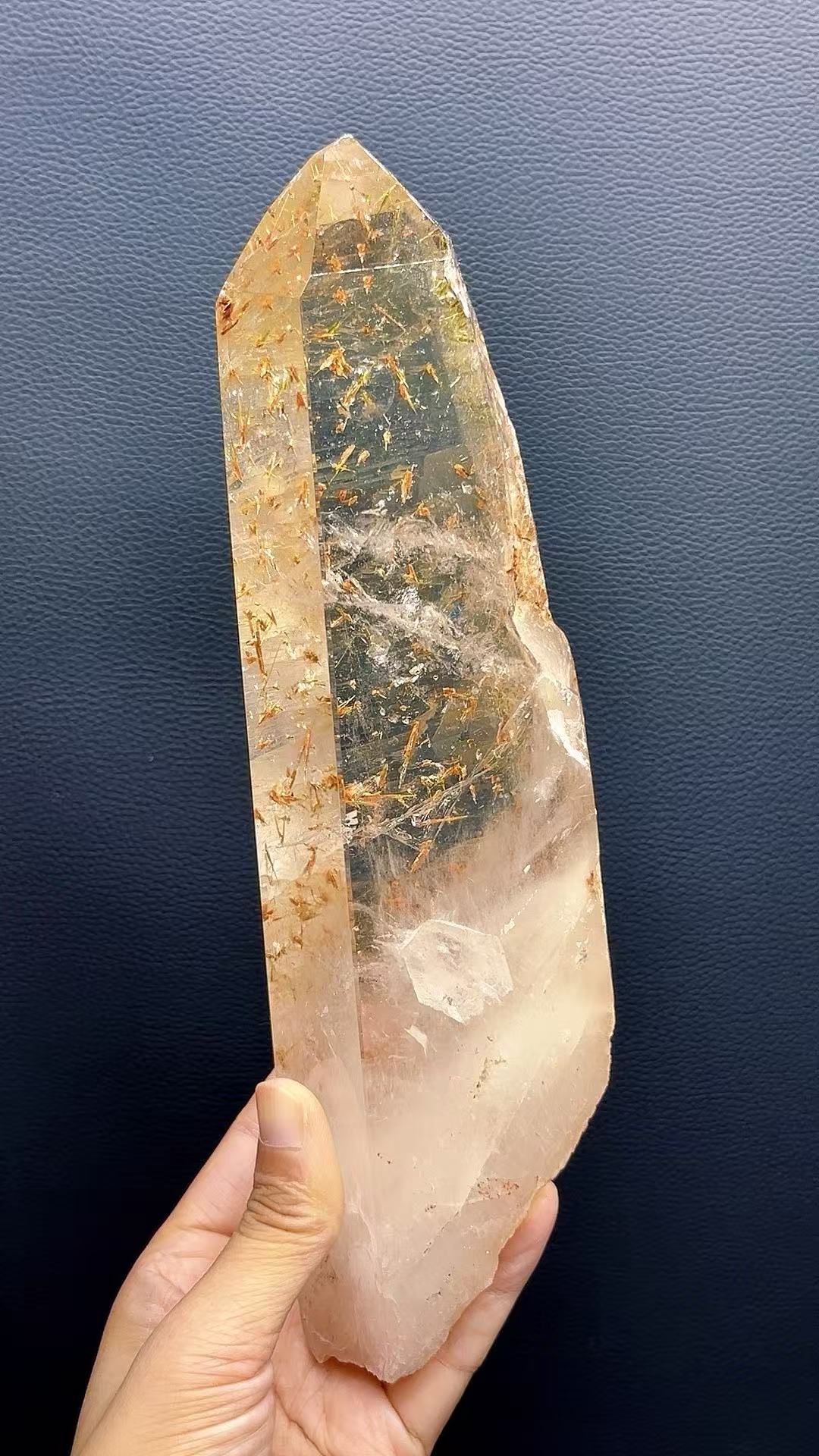 5A 1820G   Unique Pattern Green Tourmaline Red Bloom Quartz Wand Ornament
