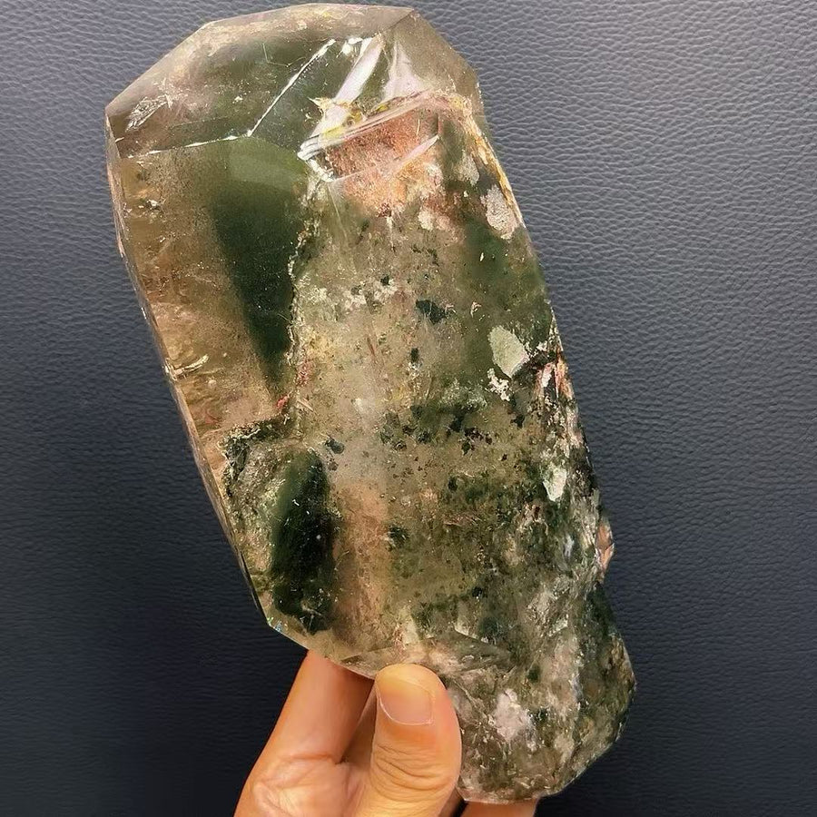 5A1790G Natural brazil  Green garden Phantom( Quartz in quartz) freeform with custom wooden holder