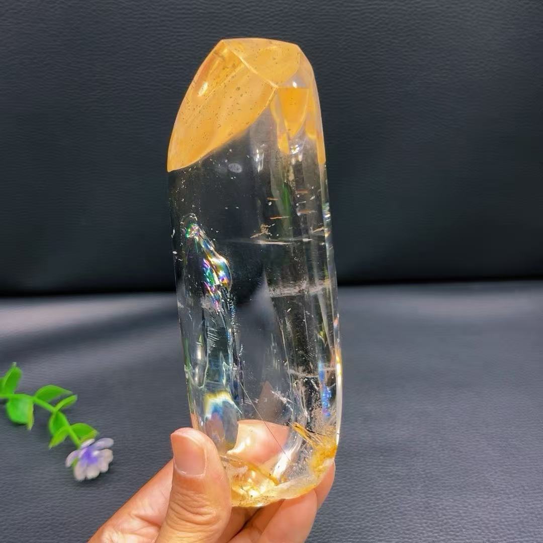 5A 800G   Lrregular Black Rutilated Quartz Ornanment With Rainbow