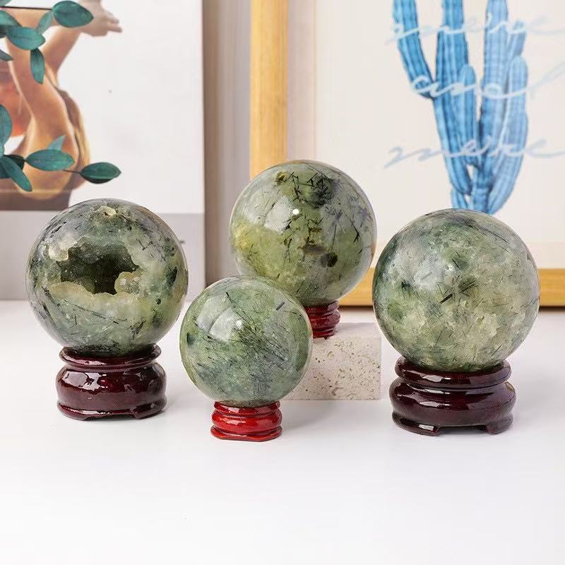 Natural crystal prehnite sphere with epidote green tourmaline incluesion wholesale