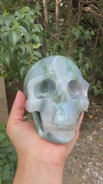 A00197 beautiful druzy green blue moss agate skull xxl size