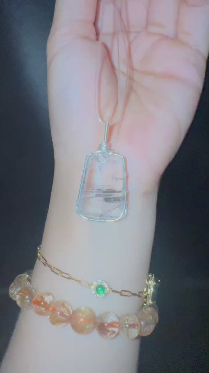 A00016 Natural black green golden rutailed pendant diy wrapped