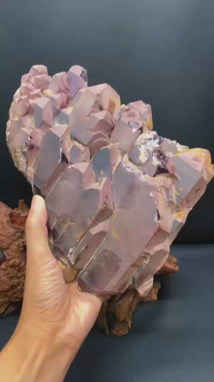 5A 2800G  Natural Red-Rind Amethyst Quartz Cluster With Wood Base