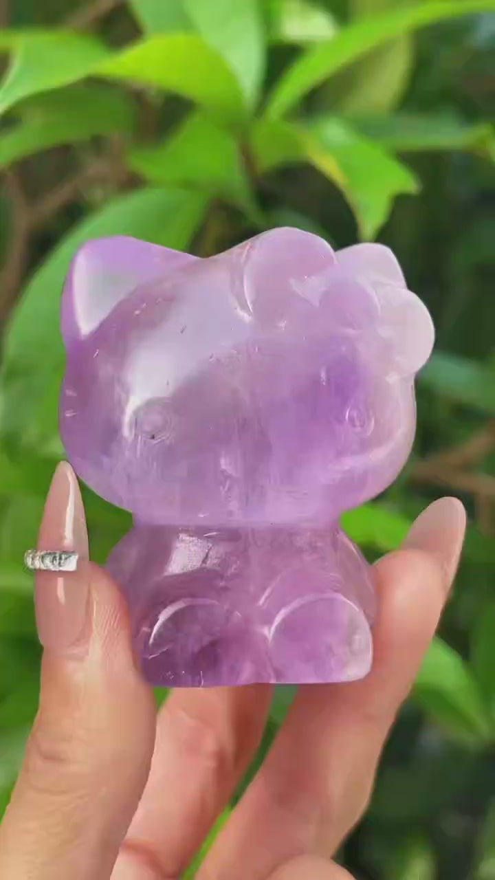 5A  140G   Handmade Carved crystal amethyst KT cat statue animal figurine desk
