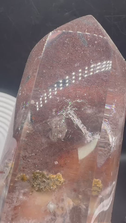 A00044 gorgeous cinnabar mixed calcite and specimen clear quartz tower