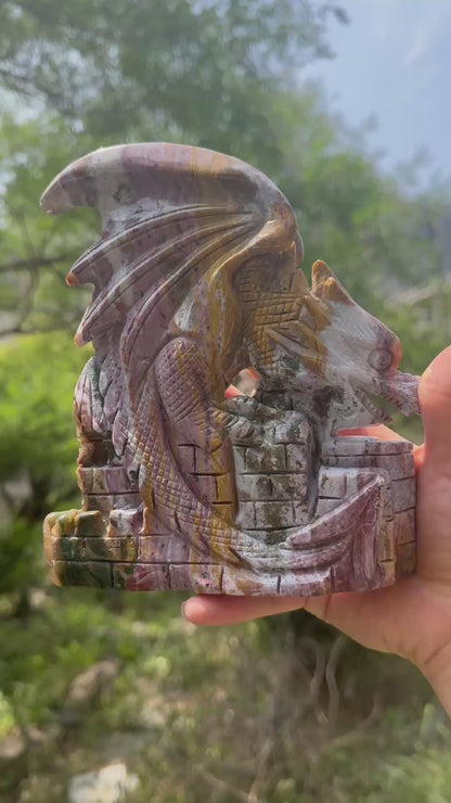 A00031 AAA PINK 8th OCEAN JASPER dragon castle carving
