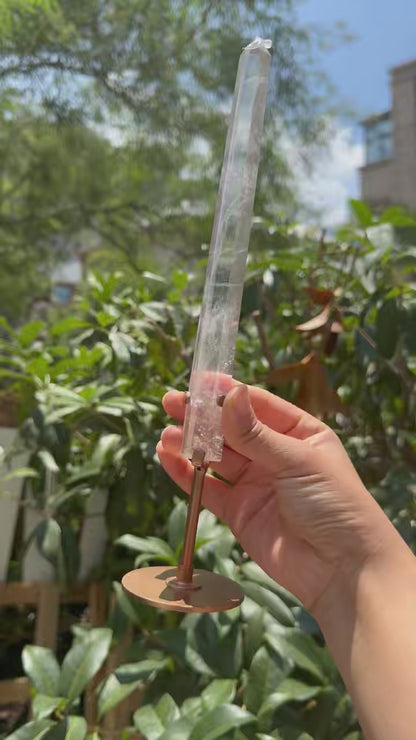 A00159 very rare long and slim clear quartz tower with rose golden custom made holder