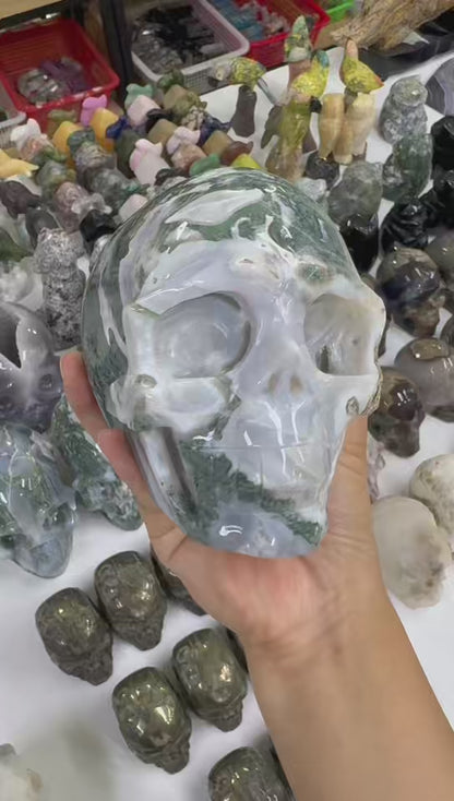 A00139 beautiful druzy moss agate skull