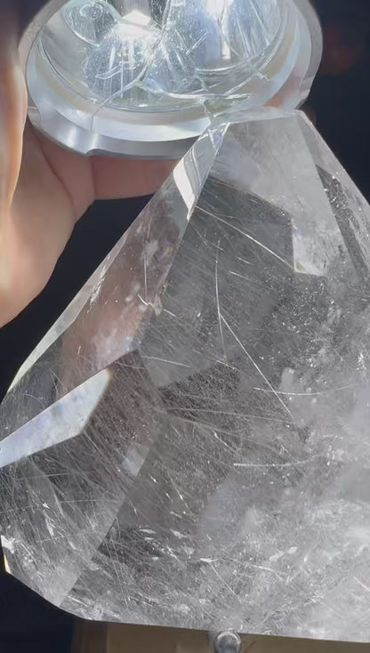 A00234 Rare natural highest quality golden and white rutilated quartz freeform with acrylic holder