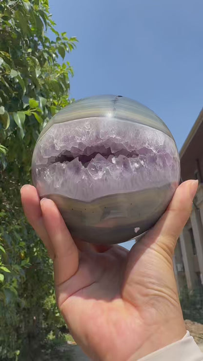 A00178 rare natural open mouth druzy amethyst agate xl sphere mixed dentritic tree