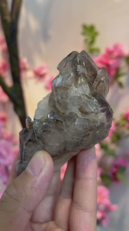 A00004 Elestial Smokey quartz cluster  Castle crystal