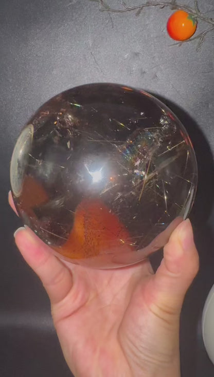 A00180 Rare natural highest dark smoky quartz with golden rutailated inside amazing rainbow